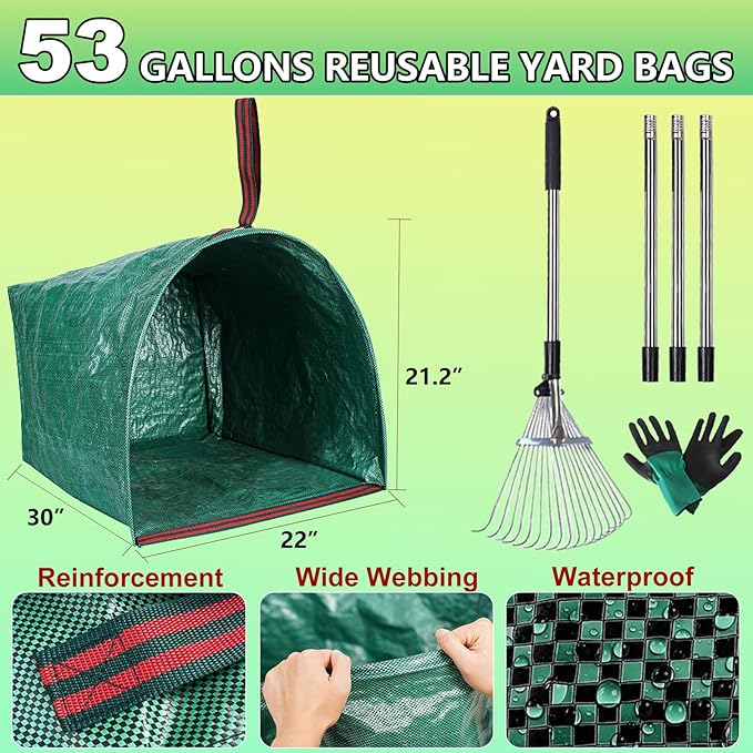 Rake for Leaves, Adjustable Small Leaf Rakes for Lawns, 53 Gallon Reusable Yard Waste Bags with Reinforced Carry Handles, Metal Leaf Rake for Yard, Gardening Outdoor Camping Grass Weed
