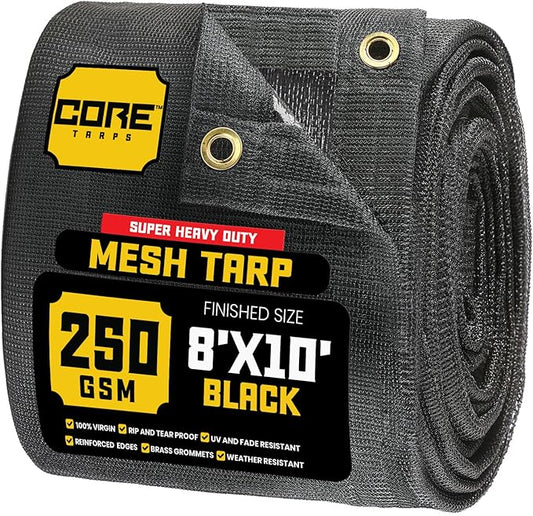 Core Tarps 60% Black Shade Cloth with Grommets - 8 X 10 FT Heavy Duty Mesh Tarp - Sun Shade Cloth for Garden Vegetables Plants Greenhouse Outdoors Backyard Fences Dump Trucks Patio Mesh Shade Tarp