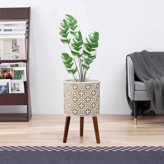 naclto 12 Inch Planter Pot with Stand,Plant Pot for Indoor Plants,Large Modern Flower Pots Indoor Outdoor with Drainage for Home Garden Patio, White and Gold