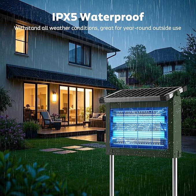 Solar Bug Zapper Outdoor, Mosquito Zapper Waterproof Electric Fly Zapper Rechargeable Mosquito Killer Lamp with 10W Solar Panel, 4500V Cordless Fly Trap for Backyard, Patio, Garden, RV, Camping