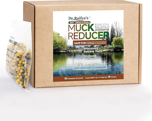 Dr.Raifya's Muck Reducer Pellets 18 LB - Natural Pond Sludge Solution, Experience The Pure Water & Fresh Odor, Easy to Use, Beneficial Bacteria Safe for Fish, Lake & Outdoor Ponds, 18-Month Supply