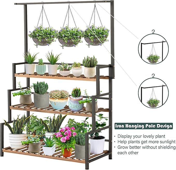 ULIKE 3-Tier Hanging Plant Stand – Wood & Metal Frame Indoor Outdoor Shelf for Patio, Balcony, Garden Multi-Purpose Plant Display | Carbonized Pine Wood | Sturdy Tall Rack for Potted Plants