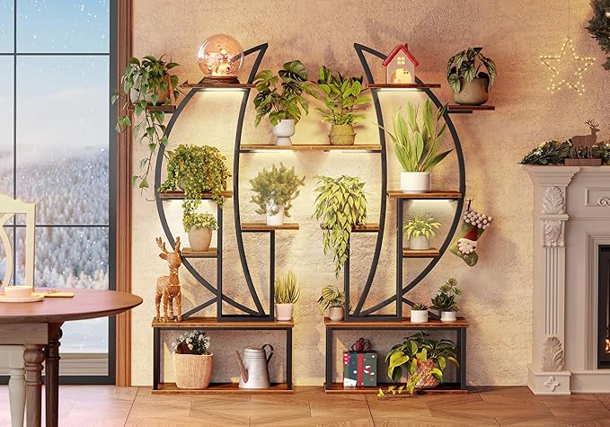 PRAISUN 62 Inch Plant Stand Indoor with Grow Lights, 8 Tiered Plant Shelf with Larger Flower Holder, Half Moon-Shaped Stand with Hook, Wheels, Plant Rack for Living Room, Rustic Brown