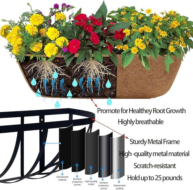 2 Pack 16" Railing Planter Window Box with Coco Fiber Liner Horse Trough Planter The Railing Planter Boxes for Deck Porch Fence Outdoor