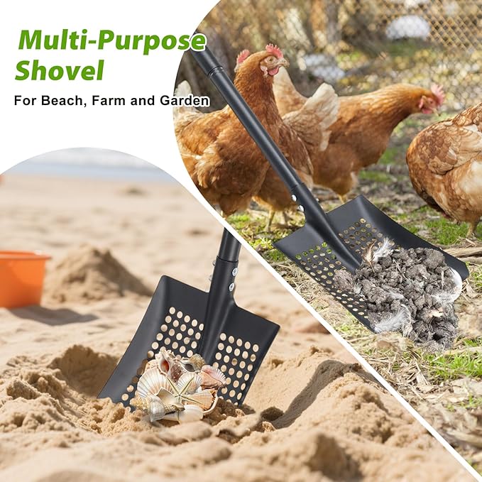 Sifter Shovel for Chicken Coop, 47 Inch Heavy Duty Beach Sifting Shovel for Sand Rock Poop Cleaning, Metal Detector Shovels for Farm, Gardening, D-Grip Handle, Square Gardening Shovels