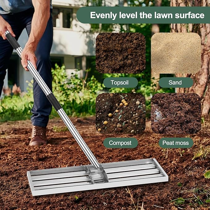 Lawn Leveling Rake 17*10 inch,Stainless Steel Lawn Leveler with 76” Long Handle .Heavy Duty Ground Leveler Tool Leveler Yard Rakes for Spreading Sand, Soil, Seed & Gravel.