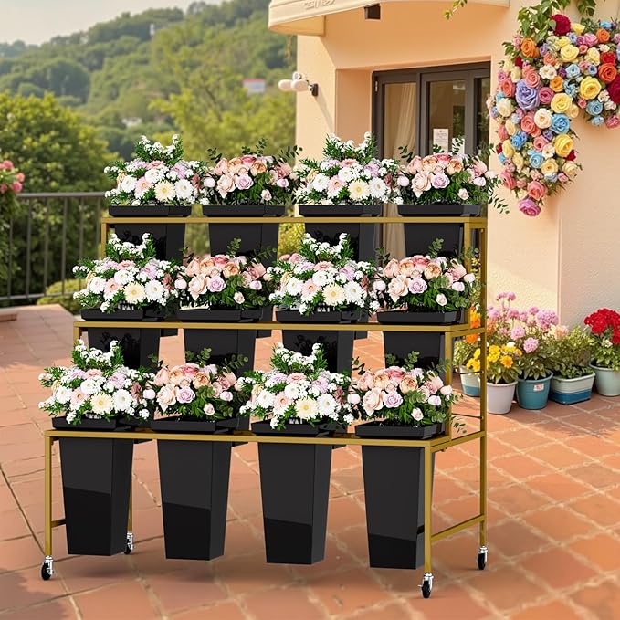3-Layer Metal Flower Stand with 12 Buckets, Black Square, 23 lbs, for Patio, Garden, Living Room