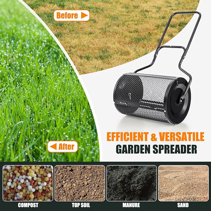 S AFSTAR 24-Inch Compost Spreader, Peat Moss Spreader with Upgrade Side Latches & U-Shape Handle, Metal Mesh Topdressing Roller for Topsoil, Fertilizer, Garden & Lawn Care Manure Spreader (Black)