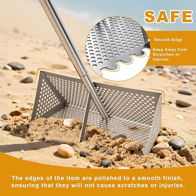 Sea Flea Rake for Beach - Premium 304 Stainless Steel Sand Crab Catcher, Beach Sifter 52’’ Long Handle w Ergonomic Curved Design, Large Basket w Curved Teeth, Sand Sifter for Shark Teeth, Shells