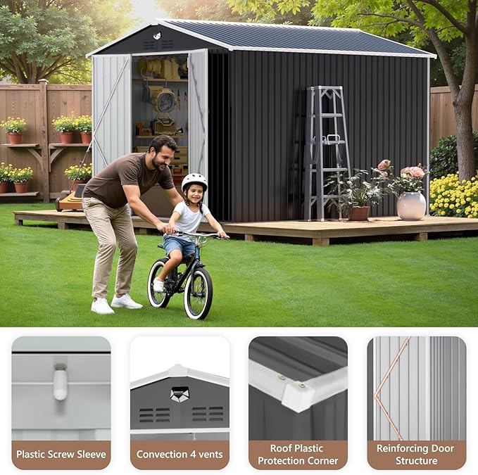 10x12 FT Outdoor Storage Shed, Metal Sheds & Outdoor Storage, Waterproof Sheds with Lockable Doors for Backyard (No Window)