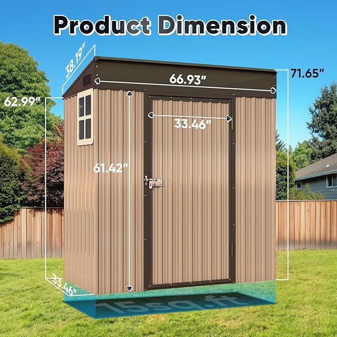 Quictent 5X3 FT Heavy Duty Outdoor Metal Storage Shed,Lockable Garden Shed with Rotating Roof, Waterproof Shed for Bike Storage, Tool Storage, Temporary Storage,Brown(5.5X2.8 FT Base, No Floor)