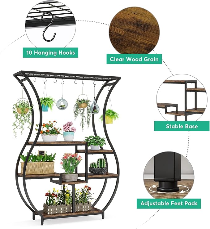 Tribesigns 6-Tier Plant Stand, 70.9 Inch Tall Plant Shelf with 10 Hanging Hooks, Vase Shape Ladder Plant Stand, Multi-Purpose Plant Display Rack for Indoor, Balcony, Living Room, Brown and Black