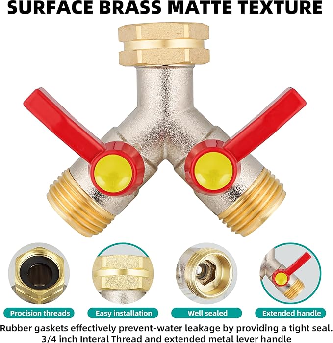 Hose Splitter 2 Way, Brass High Flow Garden Hose Splitter Heavy Duty, Hose Connector, Water Spigot Splitter, Full Flow Faucet Splitters with shutoff, 3/4” GHT Inlet