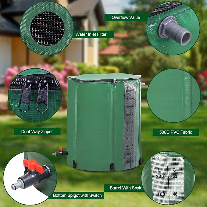 Collapsible Rain Barrel, 50 Gallon Portable Rainwater Collection System, Rain Water Barrel Collector with Volume Scale Mark, Spigots and Overflow Kit, Rain Catcher Barrel for Garden, Green