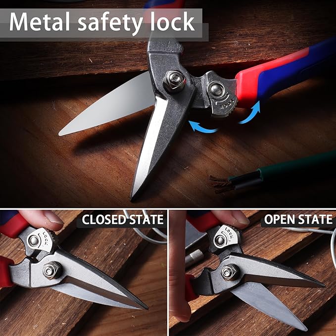 Heavy Duty Industrial Scissors: Utility Sharp Aviation Tin Snips for Cutting Thin Metal Sheet, Fine Iron Wire, Wires, Plastic, Rubber Hose, Carpet, Cardboard （8'' Blue）