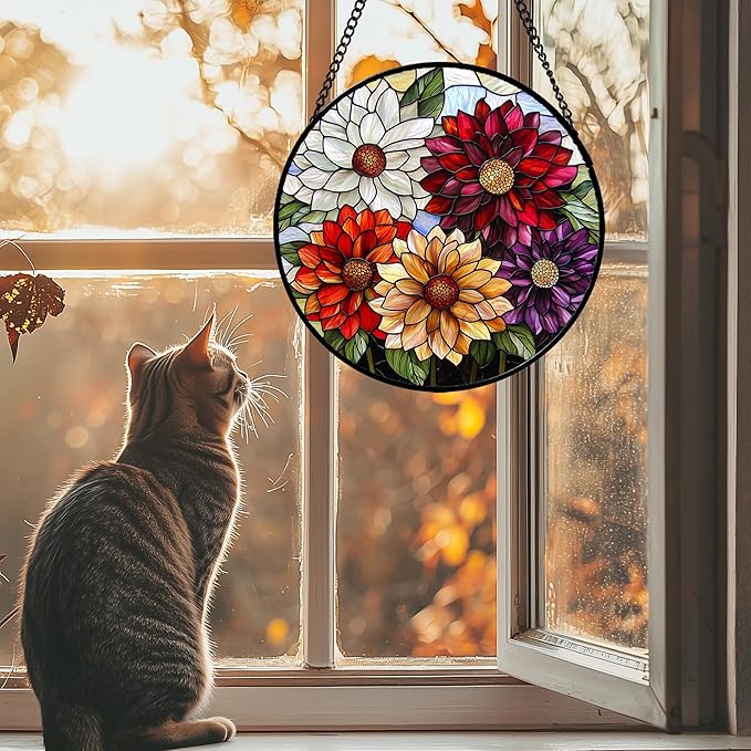 Stained Glass Window Hanging, Colorful Flowers Sun Catcher for Window Door Home Decor Plant Suncatcher Christmas Mother's Day Birthday Gifts for Women Men Mom and Nana 11.8 in