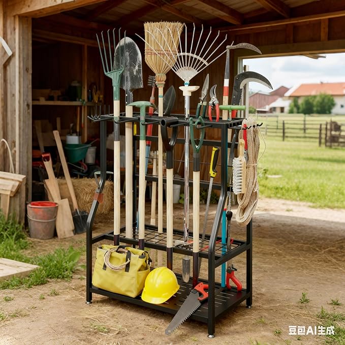 Garden Tool Organizer Holder Heavy Duty Steel Rack Up to 60 Long Handled Tools for Garage Shed Outdoor Garden Yard Black