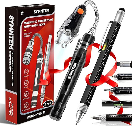 Gifts for Dad, Magnetic Pickup Tool, 6-in-1 Multitool Pen,Includes Touch Screen Stylus, Rulers, Bubble Level, Screwdrivers, Ballpoint Pen, Christmas Gifts Stocking Stuffers for Men, Black