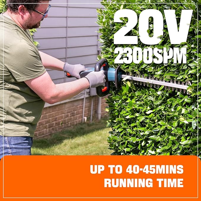 SENIX X2 20 Volt Max* 21-Inch Battery Powered Cordless Hedge Trimmer, Brushless Motor, Double-Sided Dual Action Blades, 3/4" Cutting Capacity, Includes Blade Cover, 2.5 Ah Battery & Charger (HTX2-M)