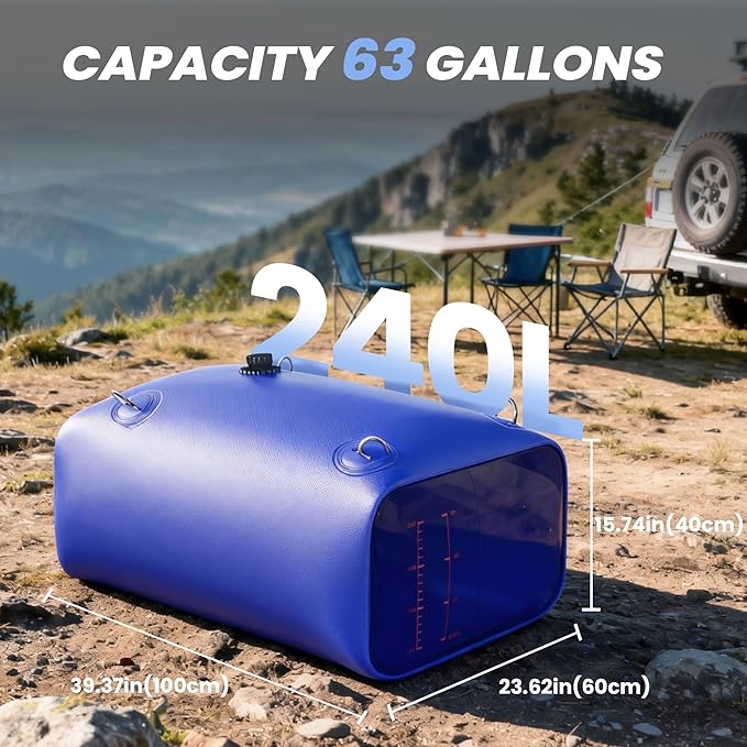 Large Capacity Water Storage Bladder with Visible Scale, Portable Water Tank Containers, Bladder Tank for Drought Resistance, Fire Prevention, Emergency, Outdoor & Irrigation (240L/63Gal, Blue)