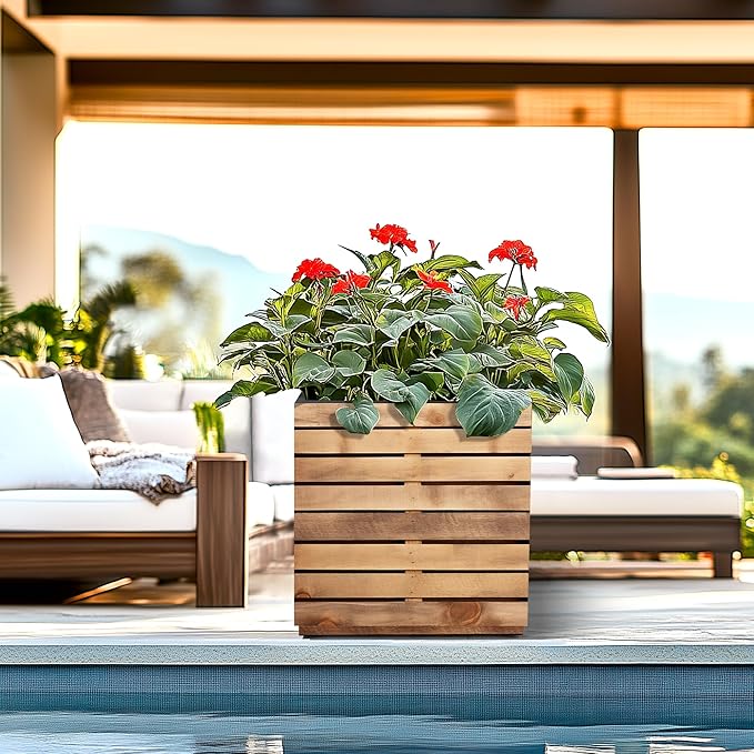 FENCY Metal Planter Box, Large Rectangular Planters for Outdoor Plants, Outdoor Tall Planters with Drainage Holes, Walnut Finish Metal Planters (17″ × 17″ × H18″)