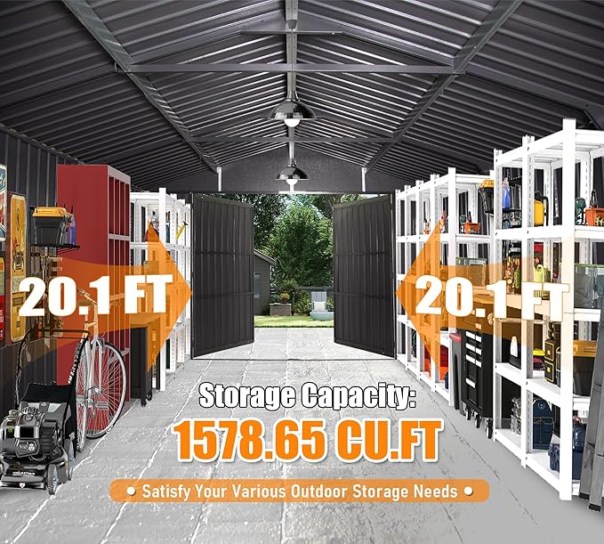 12x20FT Metal Storage Shed, Metal Garage Shed or Heavy Duty Carport, Lockable Double Hinged Doors, Extra Large Car Shelter for Car Truck Motorcycle Lawn Equipment, Wind Resistant