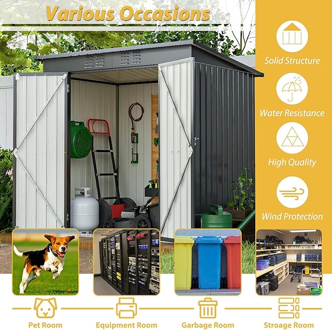 6x4 FT Outdoor Storage Shed, Metal Garden Shed with Frame Floor, Outside Tool Shed with Lockable Hinged Doors, Waterproof Storage Building with Sloped Roof for Backyard, Patio, Lawn, Black