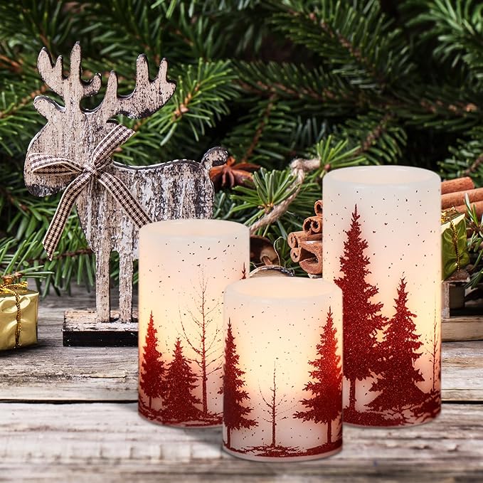 GenSwin Christmas Flameless Candles with Timer, Red Christmas Tree LED Flickering Candles Real Wax, 3 Pack Pillar Fake Candle for Winter Indoor Fireplace Christmas Decor Table(D3” x H4”5”6”)