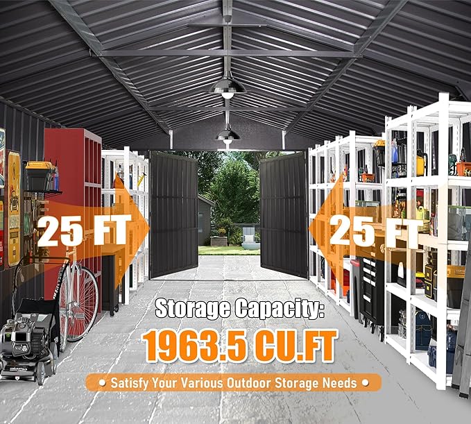 12x25FT Metal Storage Shed, a Metal Garage Shed or Heavy Duty Carport, Lockable Double Hinged Doors, Extra Large Car Shelter for Car Truck Motorcycle Lawn Equipment, Wind Resistant