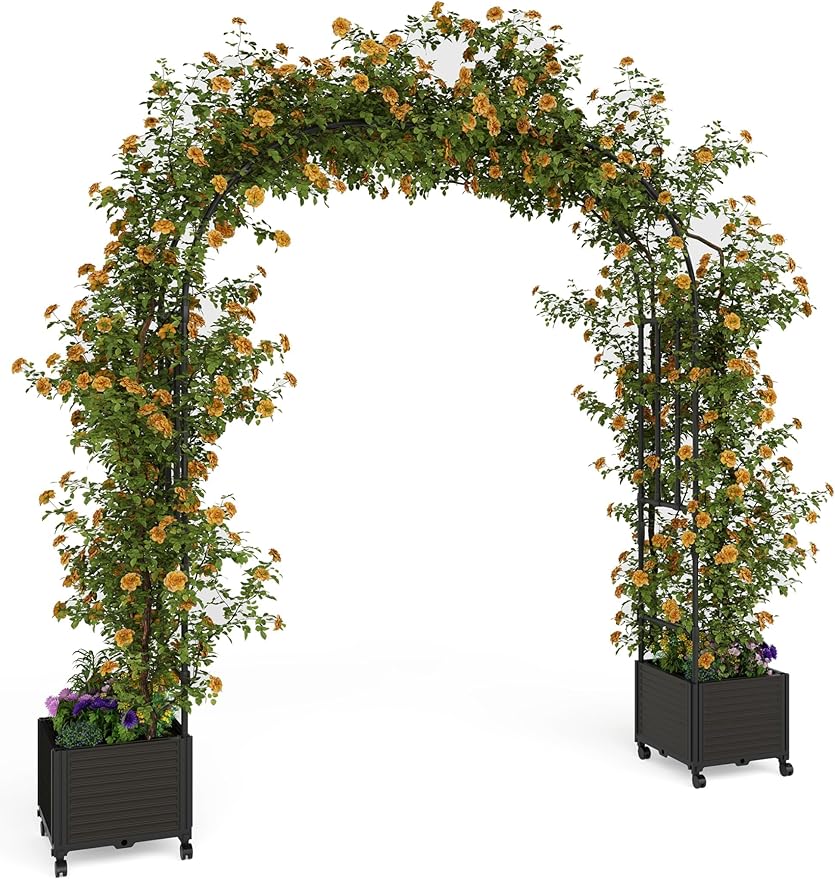 94.5 Inch Garden Arch Trellis with 2 Planter Boxes for Climbing Plants, PE Coated Metal Wedding Arch Arbor with Planter Box for Outdoor Decor, Party Backdrop & Flower Support