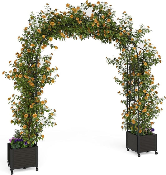 94.5 Inch Garden Arch Trellis with 2 Planter Boxes for Climbing Plants, PE Coated Metal Wedding Arch Arbor with Planter Box for Outdoor Decor, Party Backdrop & Flower Support