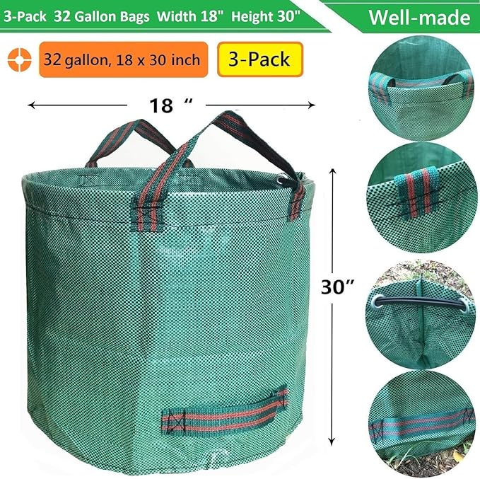 Standard 3-Pack 32 Gallon Lawn Garden Bags (D18,H30 inch) Yard Waste Bags with Gardening Gloves - Reusable Leaf Bags,Yard Debris,Trash Container,Plant Trimmings Bag,Grass Clippings,Weeds Bag 4 Handles