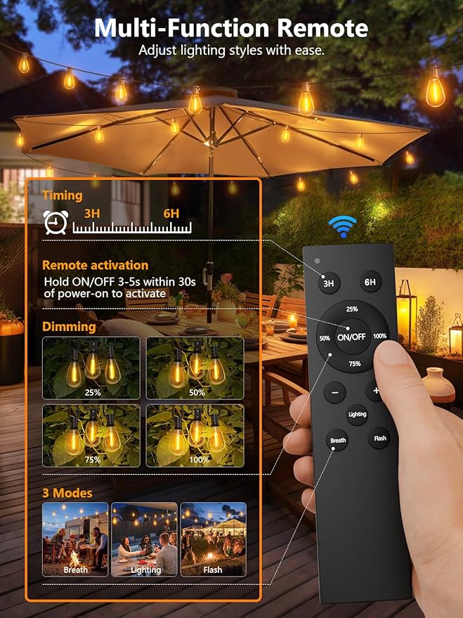luckystyle 100FT LED Outdoor String Lights with Remote, 35+ 1 Shatterproof Bulbs Waterproof and Dimmable Patio Lights for Porch, Garden, Backyard, Deck, Balcony, 2200K Hanging Lighting