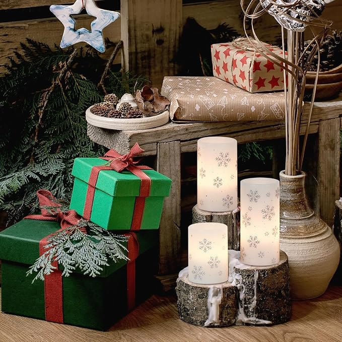 GenSwin Christmas Flameless Candles with Timer, LED Flickering Candles Real Wax with Silver Snowflake Decals, 3 Pack Pillar Candle for Winter Indoor Fireplace Christmas Decor(D3” x H4”5”6”)