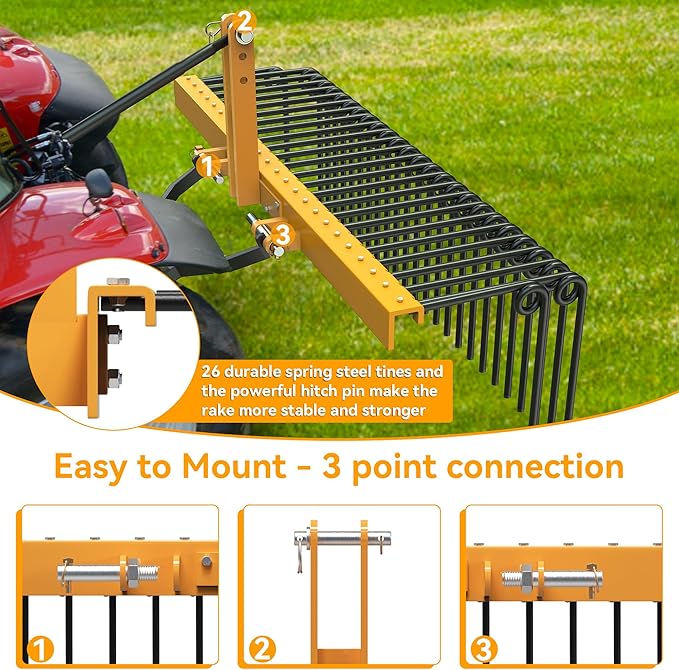 YINTATECH 60" Steel Pine Straw Rake, 3 Point Quick Hitch Landscape Rakes with 26 Durable Springs Landscape, Powder Coated Tow Behind Rake for Cat-1 Tractor to Collect Leaves for Garden, Yard, Lawn