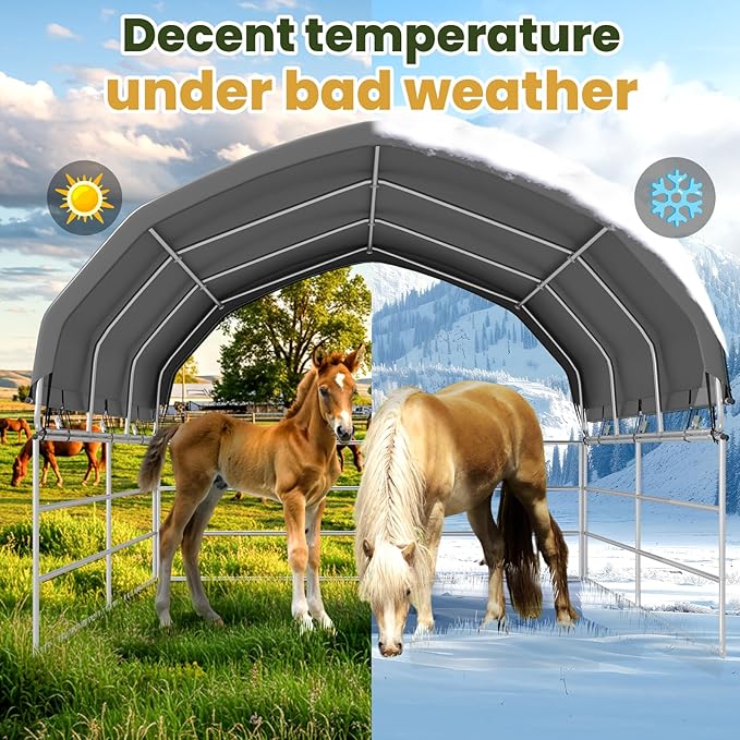 YOLENY 12'x12' Gray Corral Shelter, Heavy Duty Round Style Canopy, Waterproof and UV Treated Universal Cover, Easy Assembly Stable and Agricultural Storage and Shade Shed Kit for Livestock