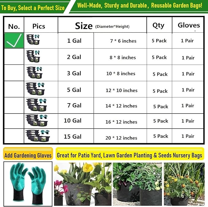 5-Pack 1 Gallon Plant Grow Bags (7x6 inch) Thickened Fabric Plant Pots Gardening Bags for Plant Nursery Bag,Garden Pots,Flower Pot,Herbs Veggies Planter Bag,Barrel Planter,Garden Containers W/ Gloves