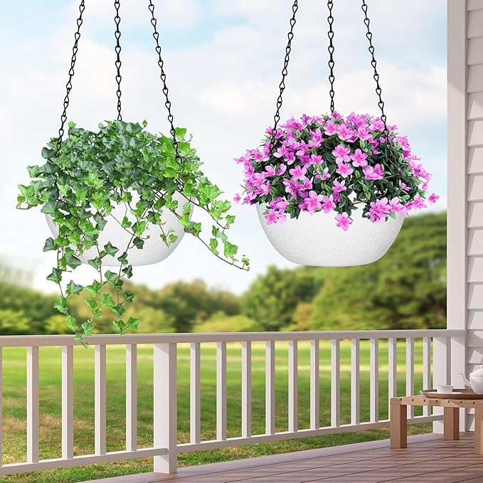 8 inch Hanging Planters for Indoor Outdoor Plants, 2 Pack Pots with Drainage Holes and Chain, Plastic Flower Pots for Garden Home Decor, White