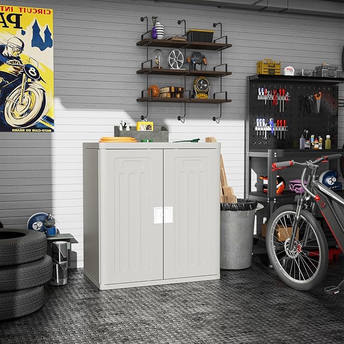 Amopatio Outdoor Storage Cabinet with 2 Shelves, Resin Storage Cabinet Waterproof Plastic Storage Shed - Outdoor Patio Tools, 19.7" D x 29.5" W x35.4 H, Gray