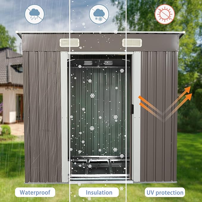 Favfurish 6 x 4 FT Outdoor Storage Shed,Metal Anti-Corrosion Utility Tool House with Punched Vents, w/Sliding Doors & Padlock,Waterproof Garden Sheds for Backyard Lawn Patio,Grey