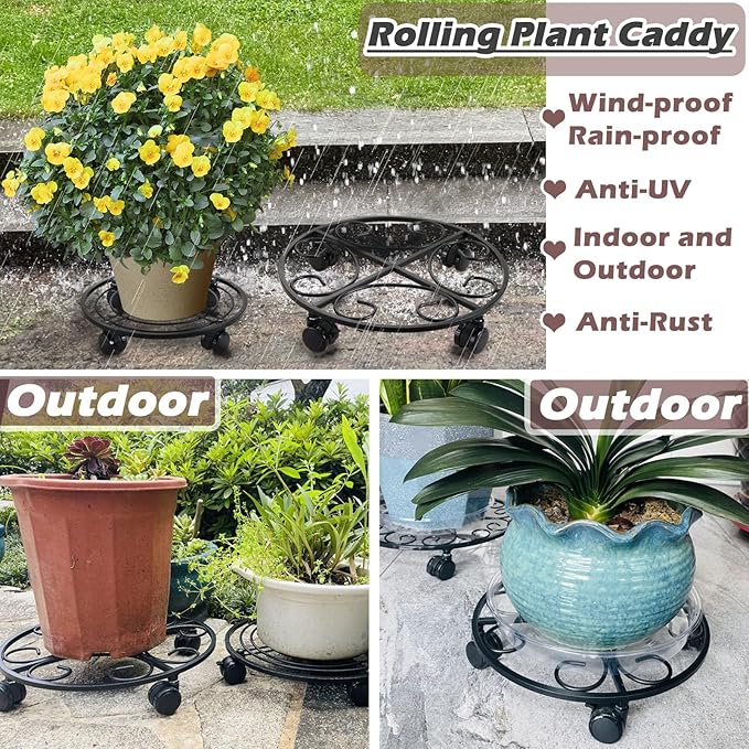 6-pack 15.8 inches Extra-large Metal Plant Caddy with Wheels Rolling Plant Stands Wheeled Plant Dolly Coasters Heavy-duty Pot Mover Roller Base Indoor Outdoor Garden Planter Trolley Cart, Black