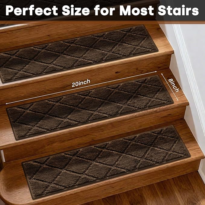 JOENIE Non-Slip Edging Stair Treads Carpet Mat 30inX8in Indoor Stair Runners for Wooden Steps, Edging Stair Rugs for Kids and Dogs, 100% Polyester TPR Backing (Brown, 12pc)