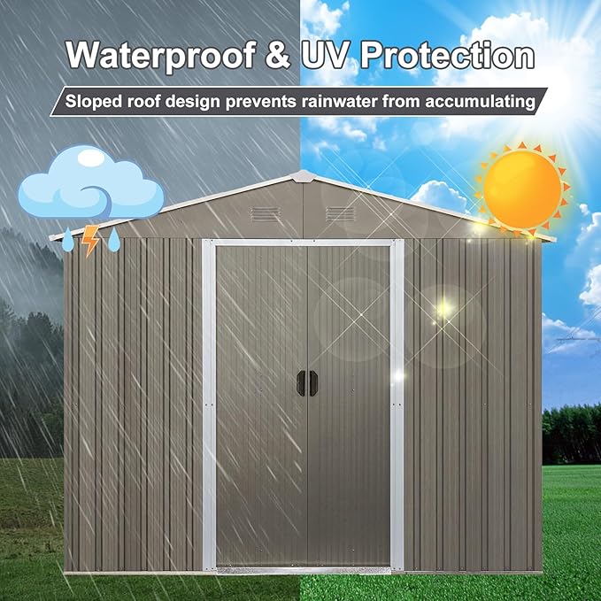 10 x 8 FT Outdoor Storage Shed, Metal Garden Shed with Floor Frame, Large Tool Shed Outdoor Storage with Lockable Sliding Doors & Air Vents, Storage House Waterproof for Backyard, Lawn, Gray