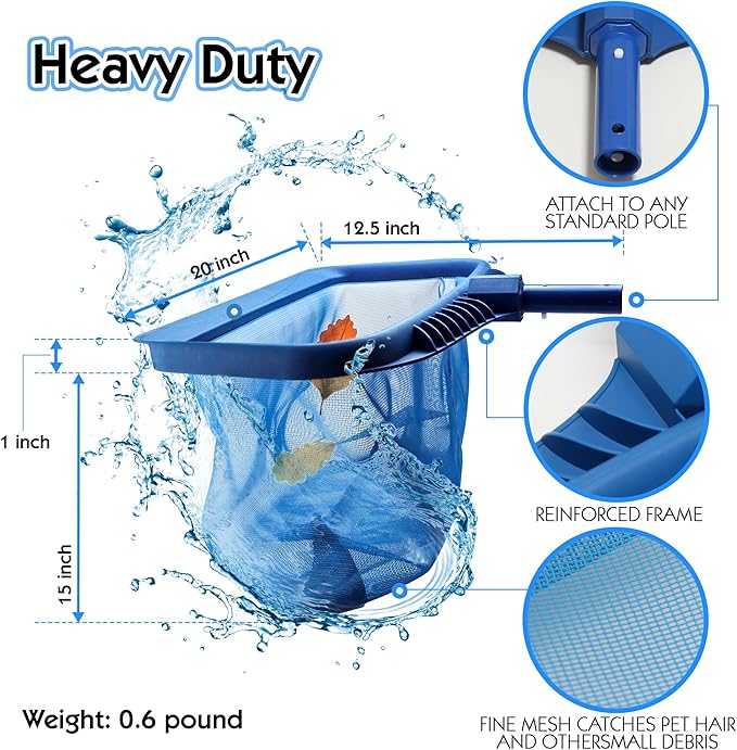 Pool Skimmer Net, Heavy Duty Leaf Rake Cleaning Tool, Fine Mesh Net Bag Catcher Blue
