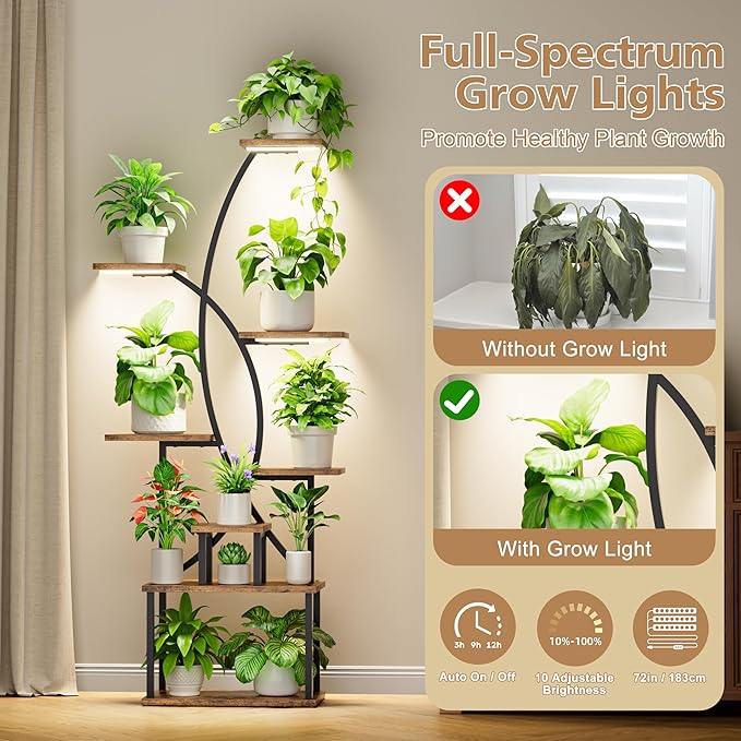 JUSTOGO Plant Stand Indoor with Grow Light, 8 Tiered Tall Plant Shelf for Indoor Plants Multiple, 65" Large Corner Plant Stands, Metal Curved Flower Holder Display Rack for Living Room, Patio, Balcony