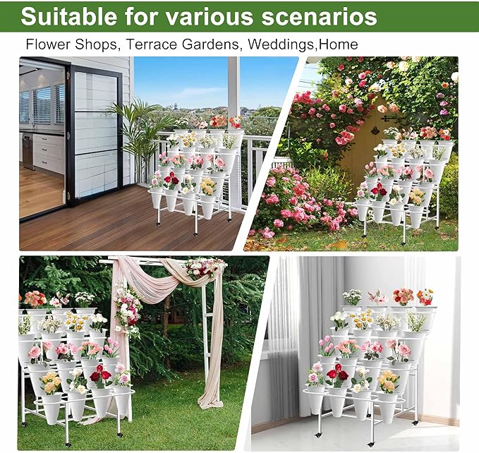 Floral Display Stand with 16 White Flower Baskets 4-Layers Cart Display Stand with Wheels ,Sturdy Mobile Flower Bouquet Rack for Courtyard, Garden, Flower Shop, with Lockable Rotating Wheels (White)