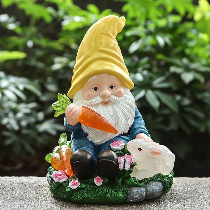 Christmas Gnomes Outdoor Statue Gnome Feeding Rabbit with 6 LED Solar Figurine for Lawn,Patio,Balcony,Yard Decor Unique for Grandfather, Father,Grandma