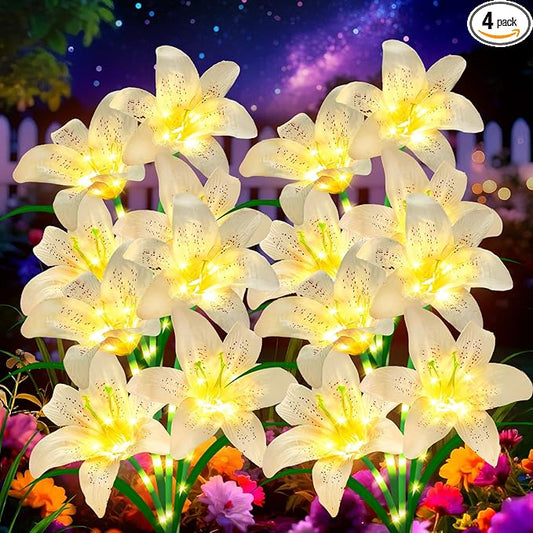 Solar Garden Lights 4 Pack 16 White Lily Flowers, Christmas Birthday Gifts Outdoor Solar Flower Lights,Cemetery Flowers for Grave - Decorative Lilies for Yard, Patio, Pathway Decorations