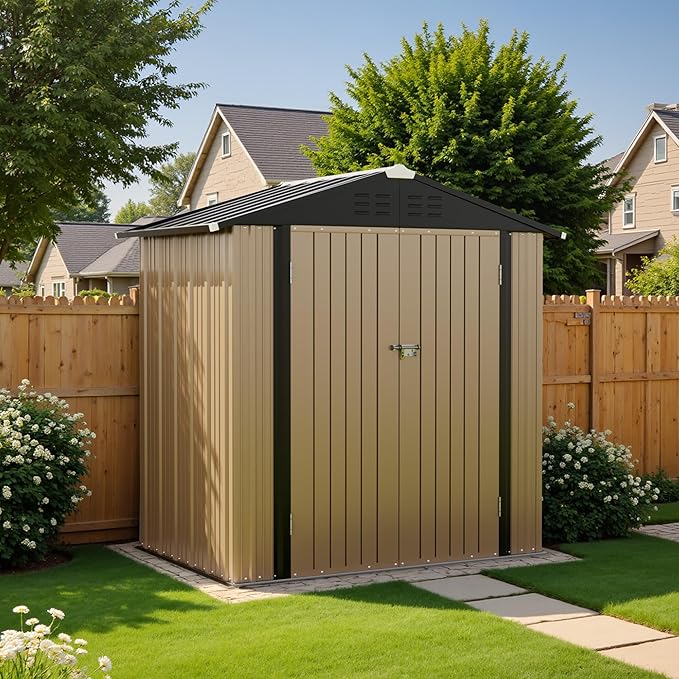 Greesum 6x4FT Outdoor Storage Shed, Utility Tool Shed Metal Storage Garden Shed with Door & Lock for Patio Storage, Brown