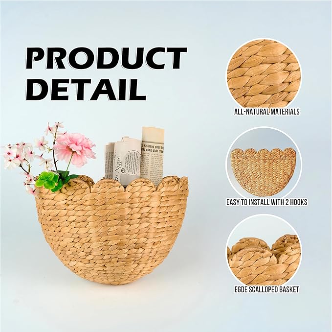 Scalloped Wicker Wall Basket 14"L x 11"W x 7"H, Handwoven Hanging Wall Organizer for Boho Home Décor, Natural Rattan Storage Basket for Living Room, Entryway, Kitchen